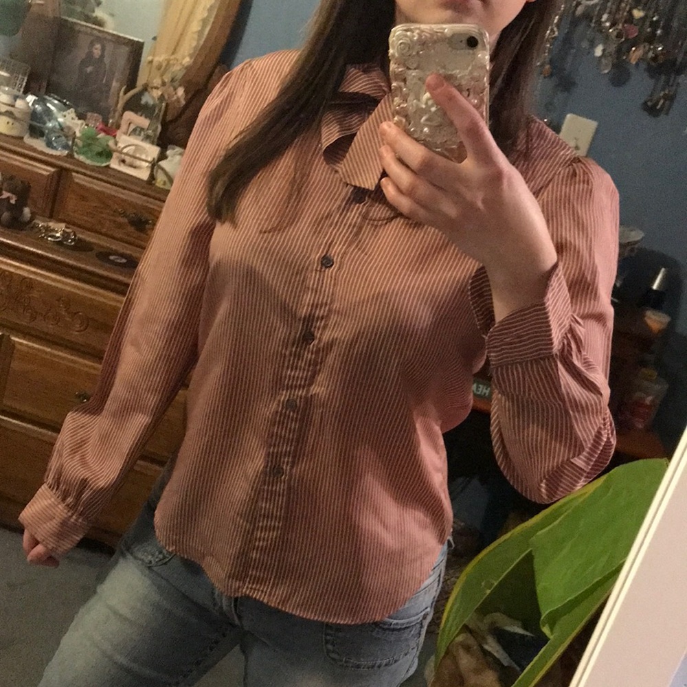 Vintage striped longsleeve puffsleeve button down bow tie neck shirt